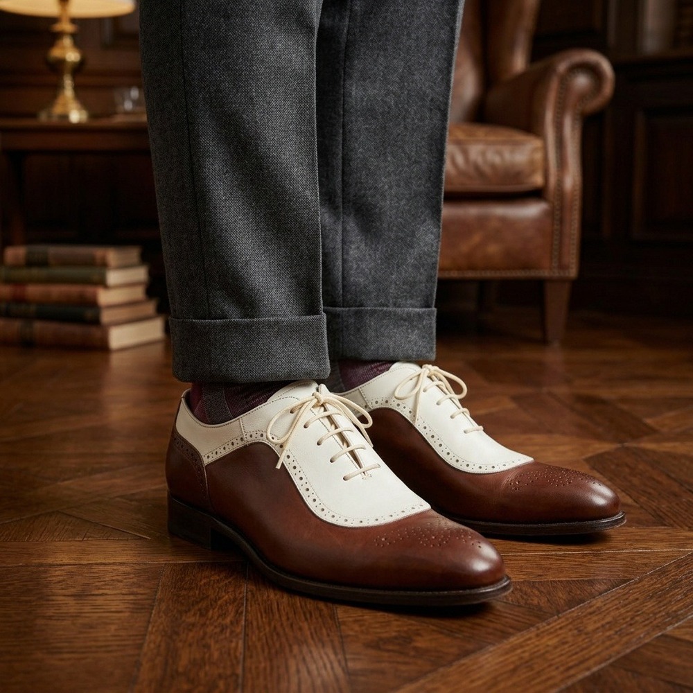 Eleganza Mens 13 Spectator Shoes Brown White Leather Two Tone Oxfords EZ1504
